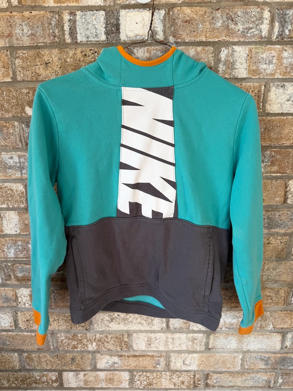 Boys Medium Nike Teal & Charcoal Colorblock Hoodie with Bold Logo